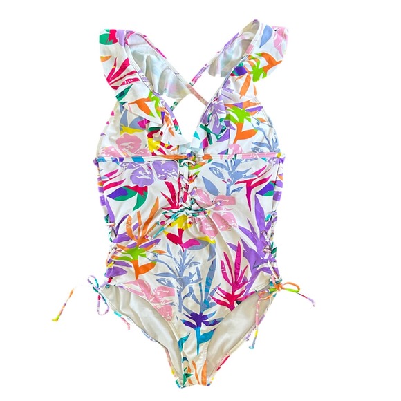 XOXO Other - XOXO White and Colorful Tropical‎ Print Tie One Piece Ruffle Swimsuit Women's 1X